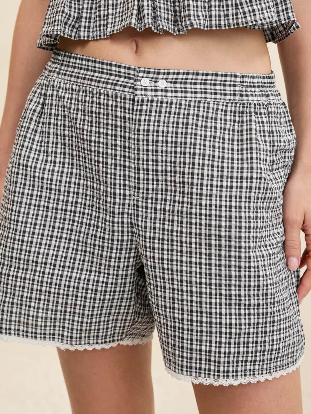 aerie Black & White Plaid Seersucker High-Rise Streetwear Boxer Shorts-S